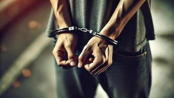 Hombre adulto esposado, esposas, criminal,